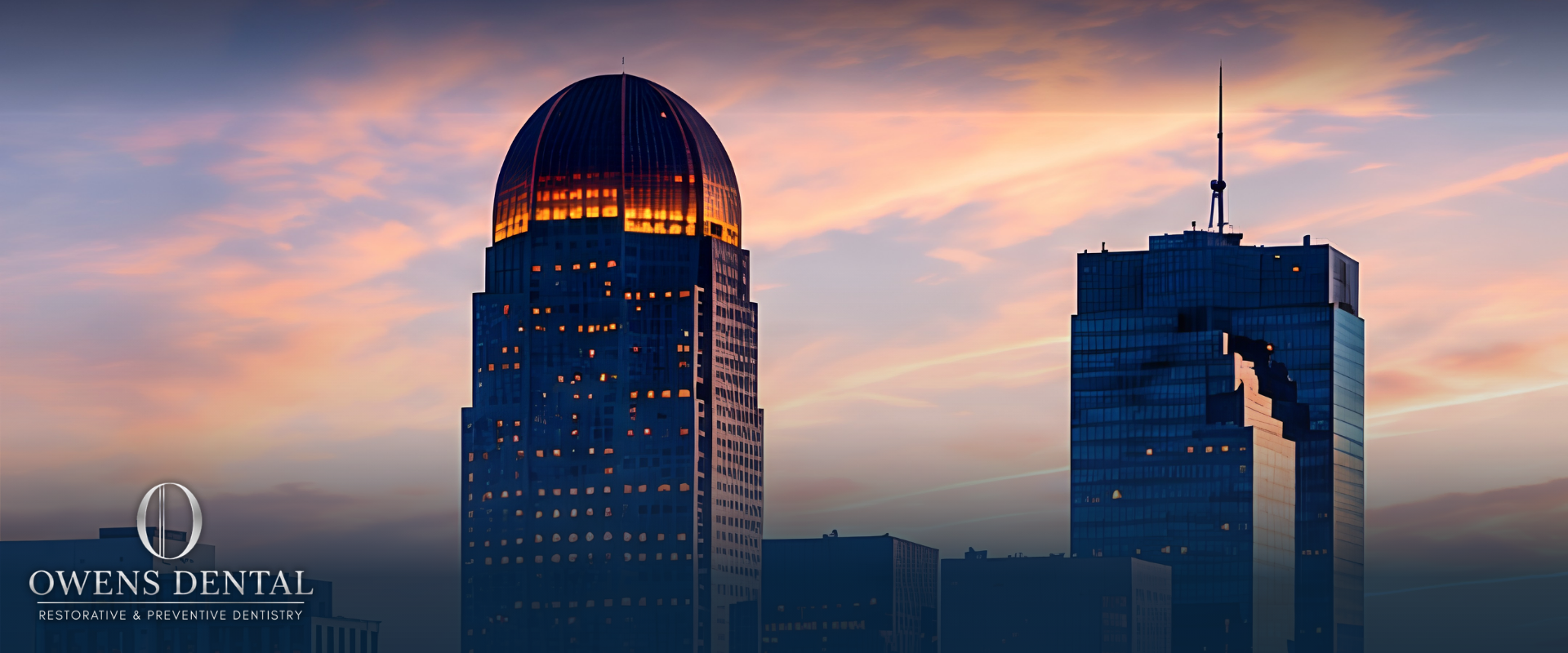 Winston-Salem skyline at sunset — Owens Dental